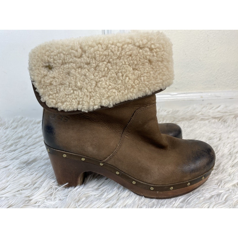 UGG Australia Women's 7 Brown Leather Sherpa Lined Block Heel Booties